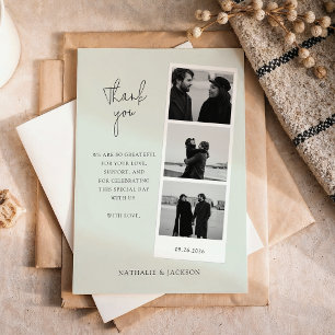 Minimalistische Sage Three Foto-Streifen Hochzeit Dankeskarte