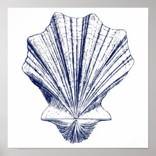 Minimalistische Scallop Seashell in Blau Poster