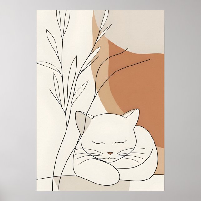 Minimalistische Schlafende Katze & Boho Botanik Poster (Vorne)
