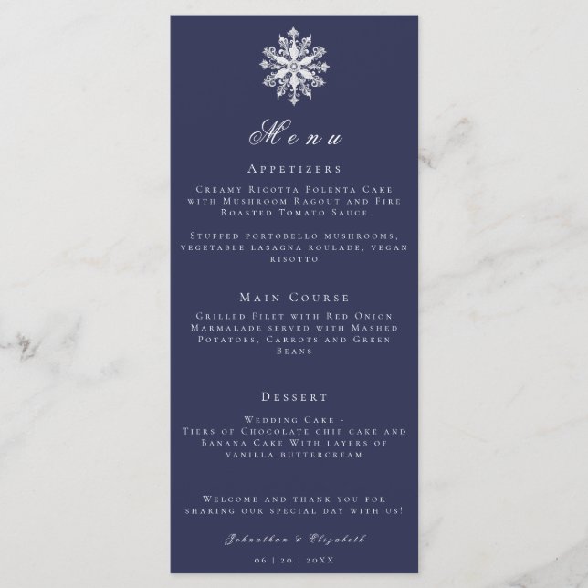 Minimalistische Schneeflocke | Blue Wedding Menu Menükarte (Vorderseite)