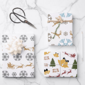 Minimalistische Schneeflocken, Hirsche, Bäume und Geschenkpapier Set