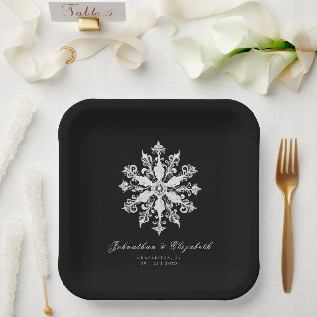 Minimalistische Schneeflocken-Hochzeit | Schwarz Pappteller (Hochzeit)