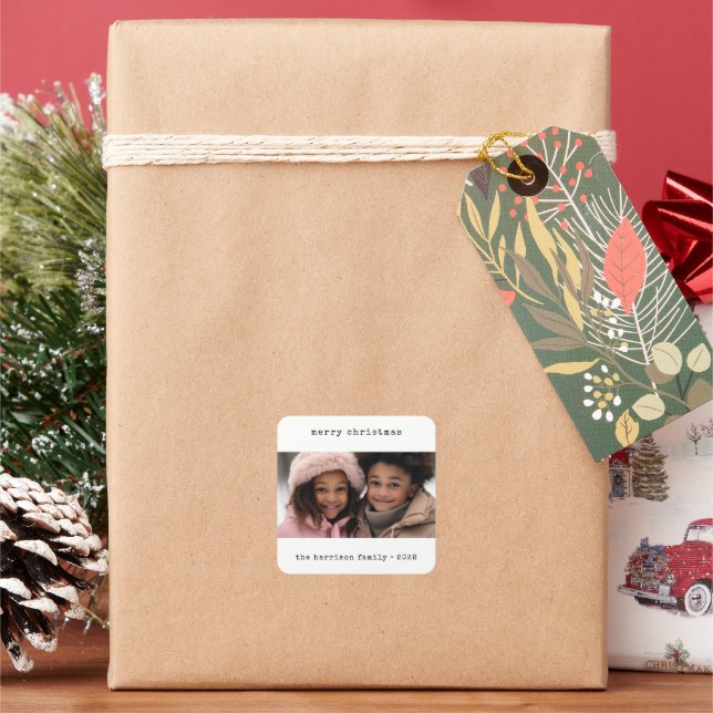 Minimalistische Schreibmaschine Weihnachts-Foto-St Quadratischer Aufkleber (Feiertag)