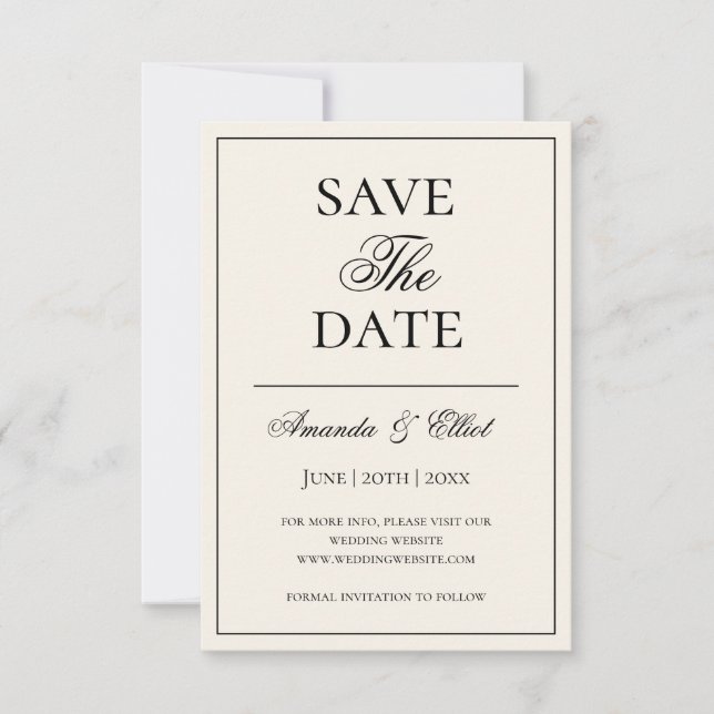 Minimalistische Schwarz-Beige-Script-Hochzeit Save The Date (Vorderseite)