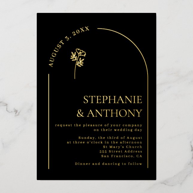 Minimalistische Schwarz-Gold-Arch-Wildblume Folieneinladung (Vorderseite)