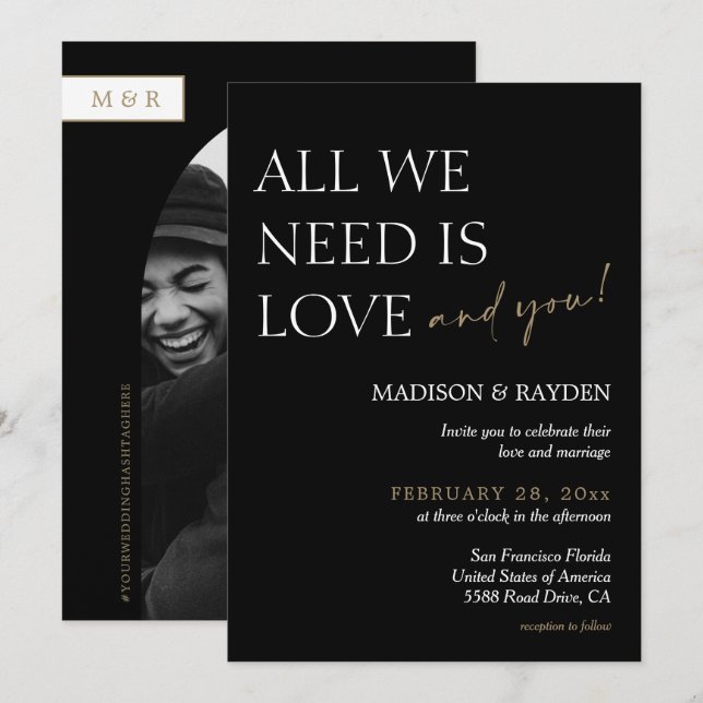 Minimalistische Schwarz-Gold-Foto-Hochzeit Einladung (Vorne/Hinten)