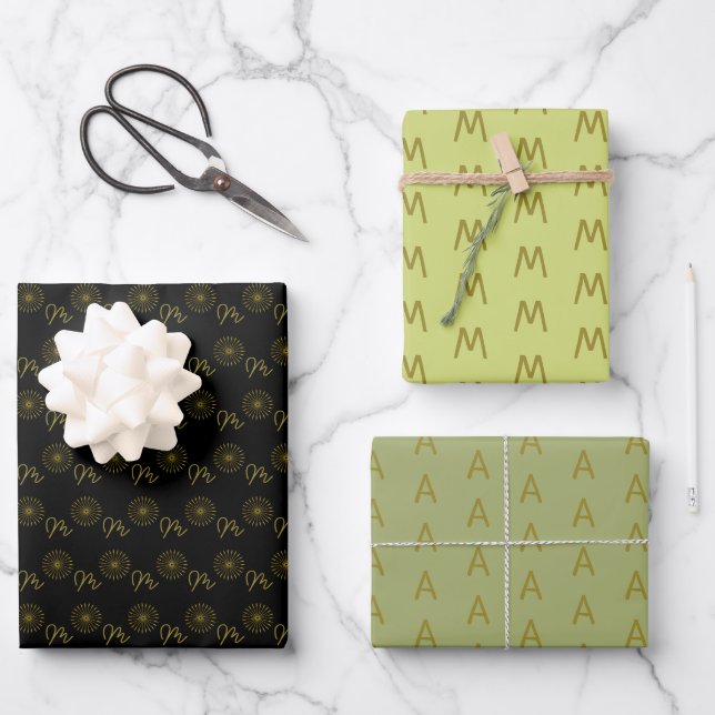 Minimalistische Schwarz-Gold-Monogramm Geschenkpapier Set (Vorderseite)