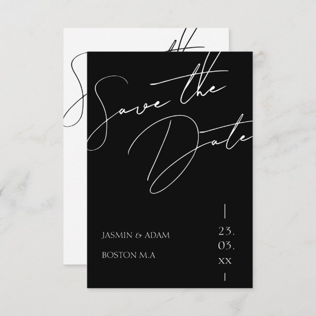 Minimalistische Schwarz-Script-Hochzeit Save The Date (Vorne/Hinten)