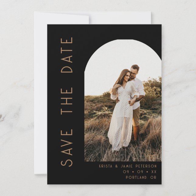 Minimalistische Schwarz-Tan-Bogen-Foto-QR-Code-Hoc Save The Date (Vorderseite)