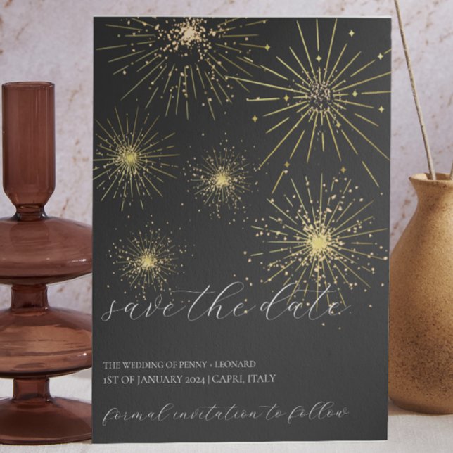 Minimalistische Schwarz- und GoldFireworks Save th Einladung (black and gold save the date fireworks)