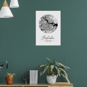 Minimalistische Schwarz-Weiß-Amsterdam-Stadtkarte Poster