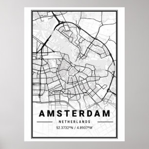 Minimalistische Schwarz-Weiß-Amsterdam-Stadtkarte Poster