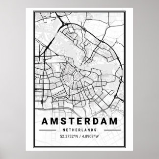Minimalistische Schwarz-Weiß-Amsterdam-Stadtkarte Poster