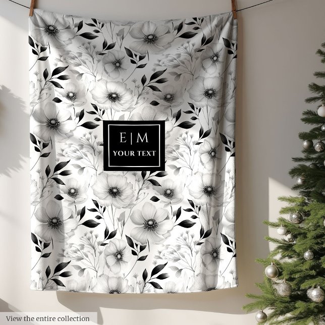 Minimalistische Schwarz-Weiß-Decke mit Blume Fleecedecke (Minimalist black and white blanket with flowers)
