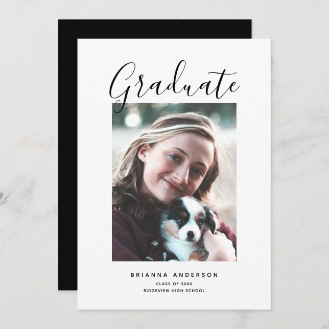 Minimalistische Schwarz-Weiß-Foto-Graduierungspart Einladung (Vorne/Hinten)