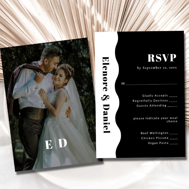 Minimalistische Schwarz-Weiß-Foto-Hochzeit RSVP Karte (Minimalist Black and White Side Wave Photo Wedding RSVP Card)
