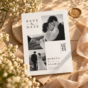 Minimalistische Schwarz-Weiß-Hochzeit mit drei Fot Save The Date