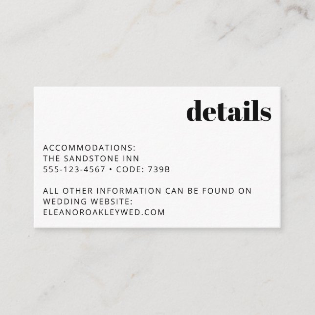 Minimalistische Schwarz-Weiß-Hochzeitsdetails Begleitkarte (Vorderseite)
