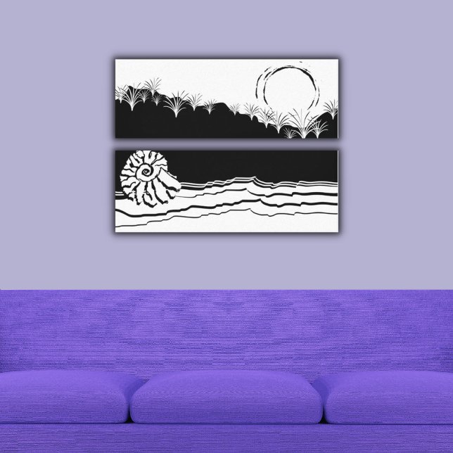 Minimalistische Schwarz-Weiß-Küste Leinwanddruck (Minimalist Black & White Shore Seascape Canvas Print)