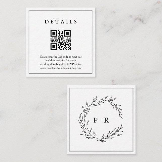 Minimalistische Schwarz-Weiß-Leaf-Hochzeitsdetails Begleitkarte (Vorne/Hinten)