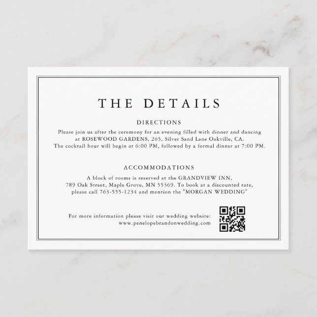 Minimalistische Schwarz-Weiß-Leaf-Hochzeitsdetails Begleitkarte (Vorderseite)