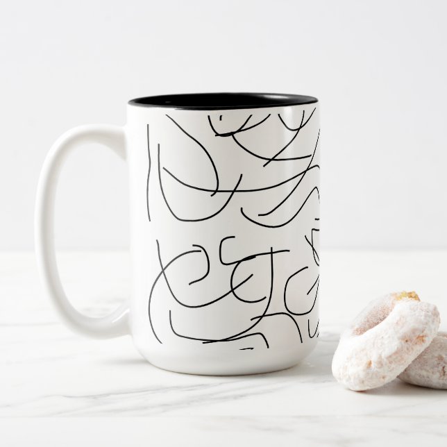 Minimalistische Schwarz-Weiß-Linie Art Zweifarbige Tasse (Mit Donut)