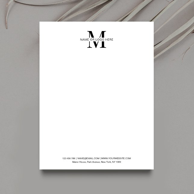Minimalistische Schwarz-Weiß-Logos für Unternehmen Briefbogen (Simple, yet elegant, business letterhead design with space for your monogram and contact details)