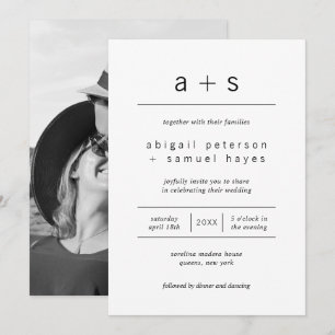 Minimalistische Schwarz-Weiß-Monogramm-Foto-Hochze Einladung