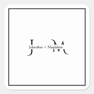 Minimalistische Schwarz-Weiß-Monogramm-Hochzeit Quadratischer Aufkleber