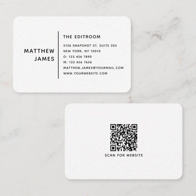Minimalistische Schwarz-Weiß-QR-Code-Visitenkarte  Visitenkarte (Vorne/Hinten)