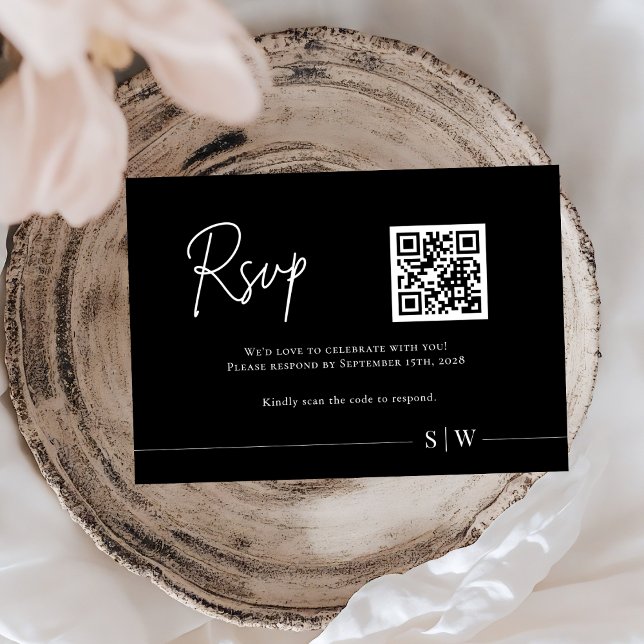Minimalistische Schwarz-Weiß-QR-Hochzeit RSVP Karte (Von Creator hochgeladen)