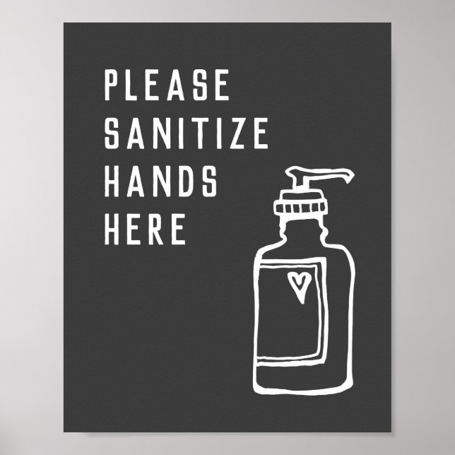 Minimalistische Schwarz-Weiß-Sanitize-Hände hier Poster (Vorne)