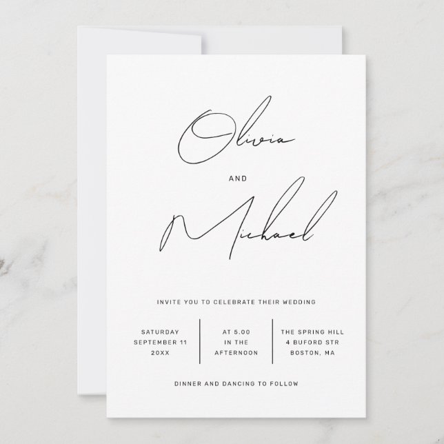 Minimalistische Schwarz-Weiß-Script-Hochzeit + QR Einladung (Vorderseite)