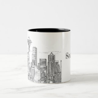 Minimalistische Schwarz-Weiß-Seattle-Skyline Zweifarbige Tasse