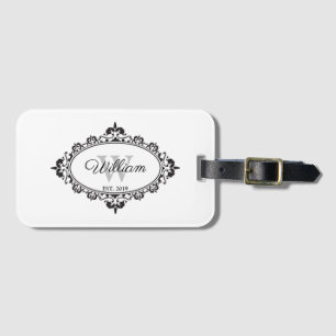 Minimalistische Schwarz-Weiß-Vintage Damask Monogr Gepäckanhänger