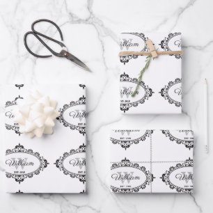 Minimalistische Schwarz-Weiß-Vintage Damask Monogr Geschenkpapier Set