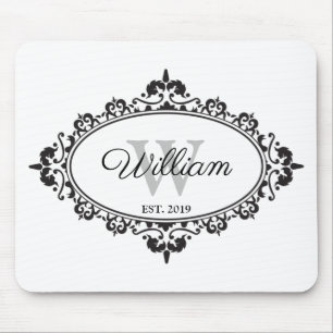 Minimalistische Schwarz-Weiß-Vintage Damask Monogr Mousepad