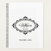 Minimalistische Schwarz-Weiß-Vintage Damask Monogr