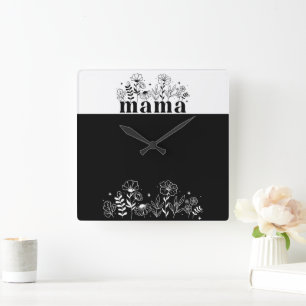 Minimalistische Schwarz-Weiß-Wildblume Mama Quadratische Wanduhr