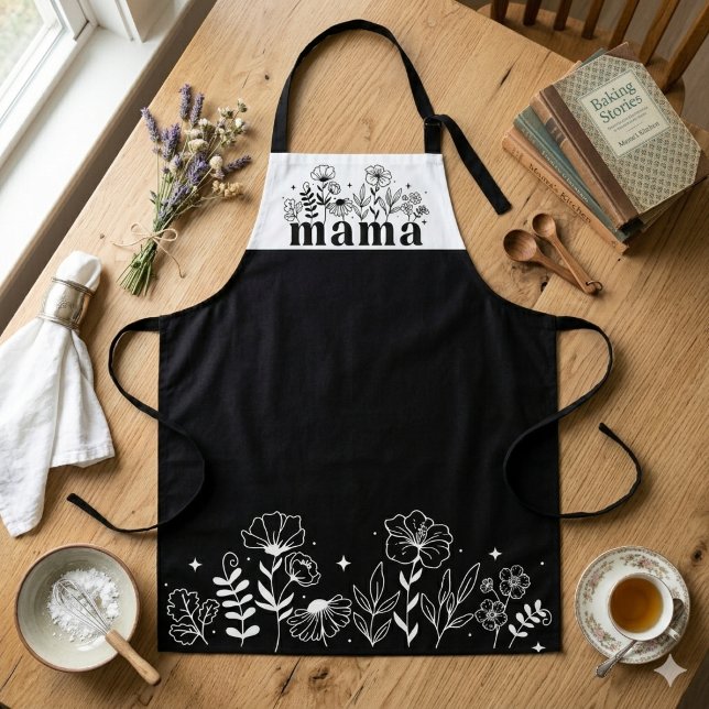 Minimalistische Schwarz-Weiß-Wildblume Mama Schürze (Von Creator hochgeladen)