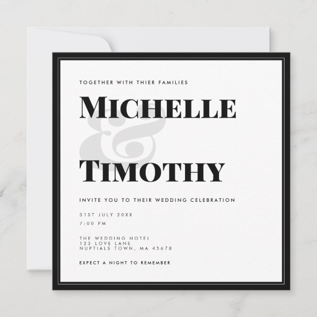 Minimalistische Schwarz-weiße Bold Typografy Weddi Einladung (Vorderseite)
