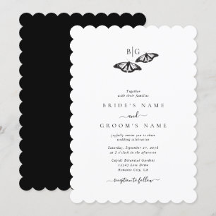 Minimalistische Schwarz-weiße Butterfly-Monogrammh Einladung