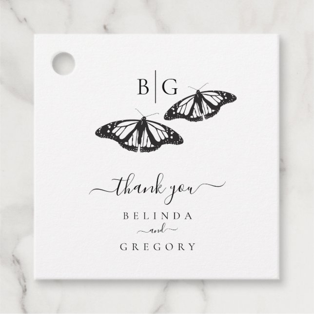 Minimalistische Schwarz-weiße Butterfly-Monogrammh Geschenkanhänger (Vorderseite)