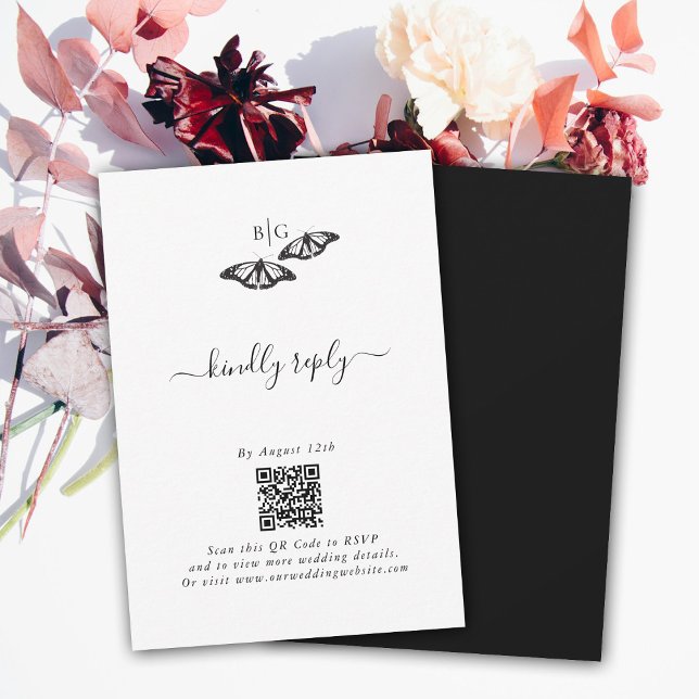 Minimalistische Schwarz-weiße Butterfly-Monogrammh RSVP Karte (Minimalist Black White Butterfly Monogram Wedding RSVP Card)