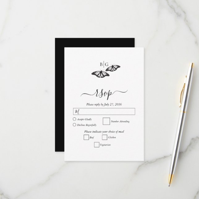 Minimalistische Schwarz-weiße Butterfly-Monogrammh RSVP Karte (Vorderseite/Rückseite Beispiel)