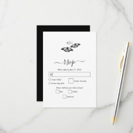 Minimalistische Schwarz-weiße Butterfly-Monogrammh RSVP Karte
