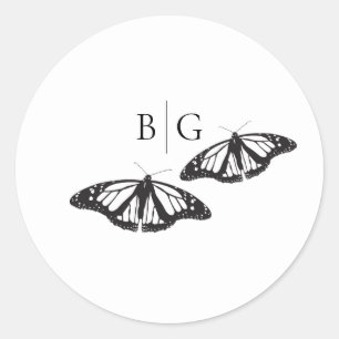 Minimalistische Schwarz-weiße Butterfly-Monogrammh Runder Aufkleber