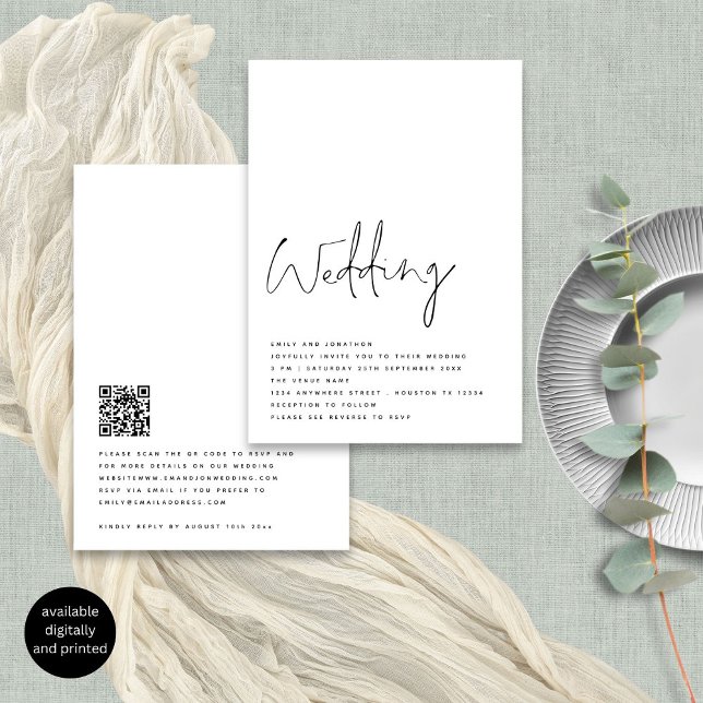 Minimalistische Schwarz-weiße Hochzeit Einladung (Front and back view)