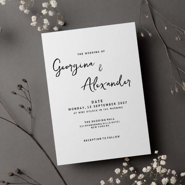 Minimalistische Schwarz-weiße Hochzeit Einladung (Minimalist black white classic script wedding)
