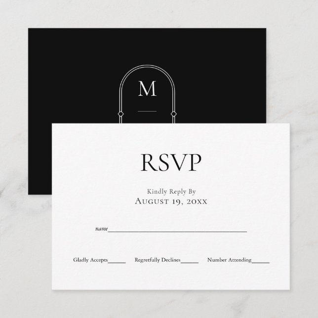 Minimalistische Schwarz-weiße Hochzeitkarte für Mo RSVP Karte (Vorne/Hinten)